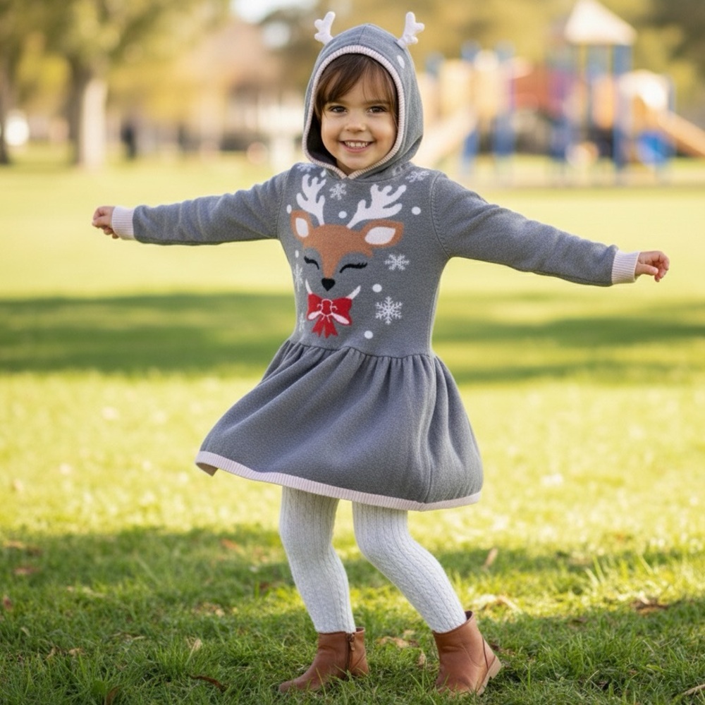 Reindeer Holiday Sweater by Well Worn Christmas hooded dress in size M (7–8)